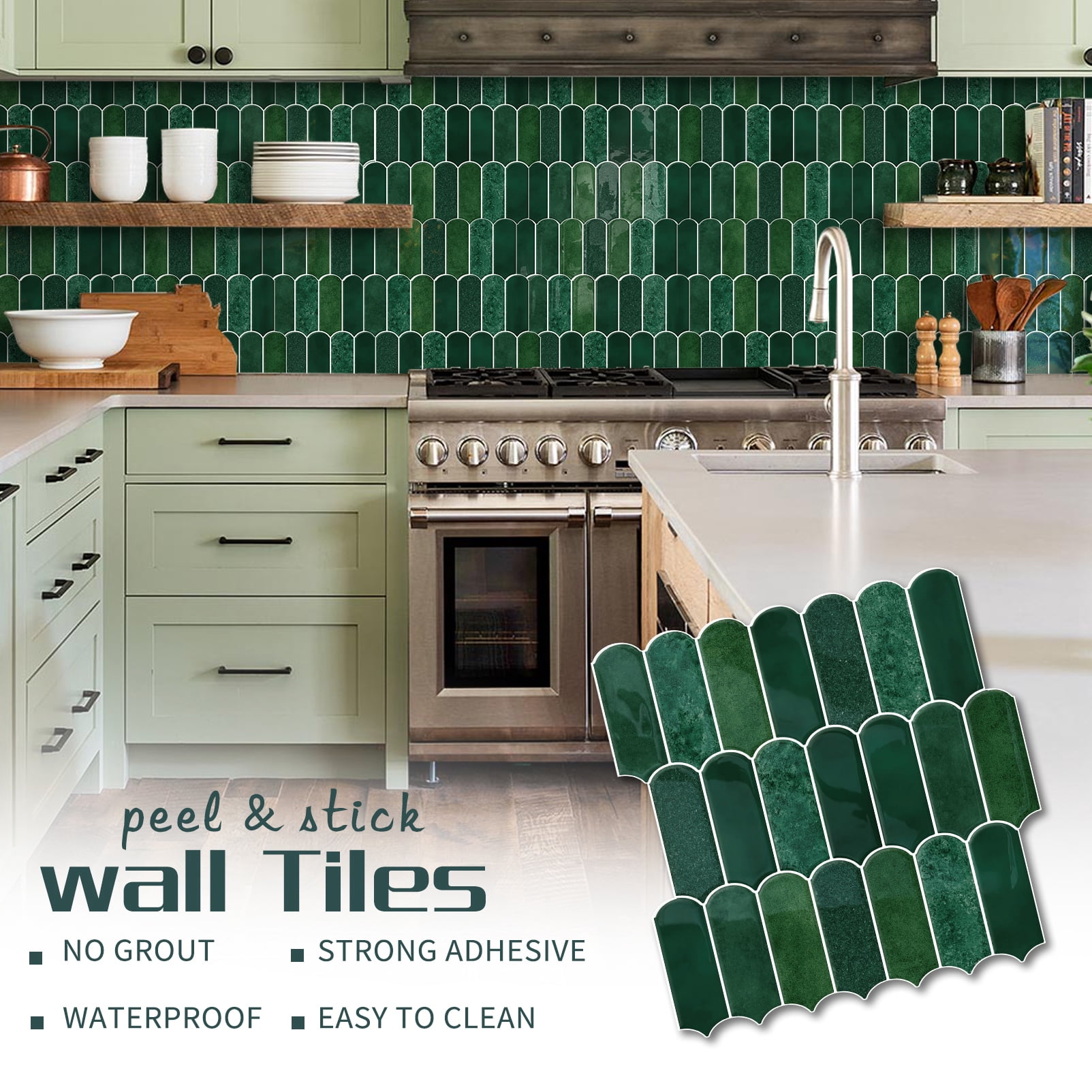 DEWOO 10-Sheet Upgraded Thicker Peel and Stick Kitchen Backsplash Tiles,Waterproof Self-Adhesive Vinyl Wall Tile Fish Scale Mosaic Design,for Bathroom,Fireplace and RV(Dark Green,12"×12")