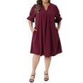 thumbnail image 2 of Agnes Orinda Women's Plus Size Chiffon Dresses Notch V Neck Bell Short Sleeve Pleated Summer Casual Midi Dresses with Pockets 1X Burgundy, 2 of 6