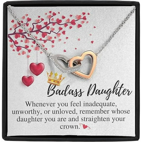 Gift For Badass Daughter From Mom and Dad Interlocking Heart Necklace With Message Card, Christmas Gift for Young Funny Daughter, Birthday, Wedding Stainless Steel with Zircon Stones