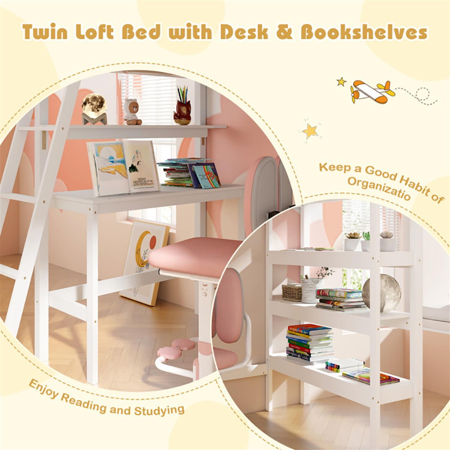 Demi Bonn Loft Bed Twin Size, Solid Wood Loft Bed with Desk and Bookshelves, Modern Wooden Bed Frame for Teens, White