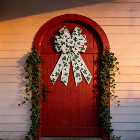 Large St. Patrick's Day Decorative Bow – 19.7x11 Inch Green & White Shamrock Ribbon Bow for Wreaths, Trees, Front Door, Indoor Outdoor Wall Decor, Irish Festival Party Supplies, Nylon Decoration