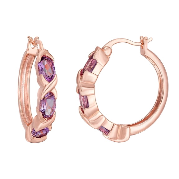 Oval Amethyst Hoop Earrings in 925 Sterling Silver with Rose Gold Plating
