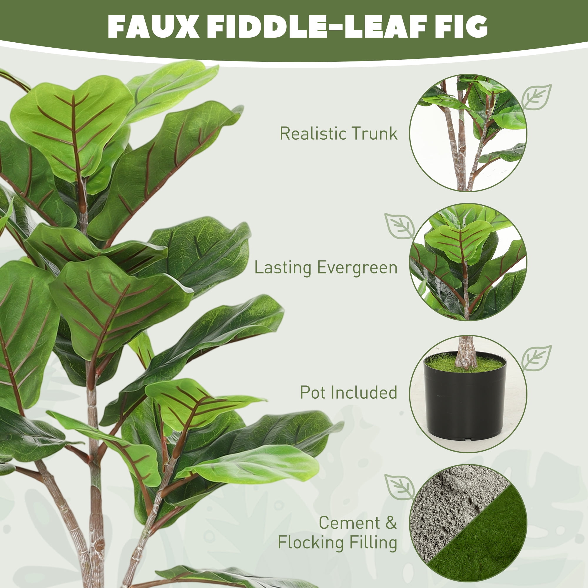 HOMCOM Fake Plant, Artificial Fiddle Leaf Fig Tree, Potted Plant with 28 PEVA Leaves and Flocked Soil, Green