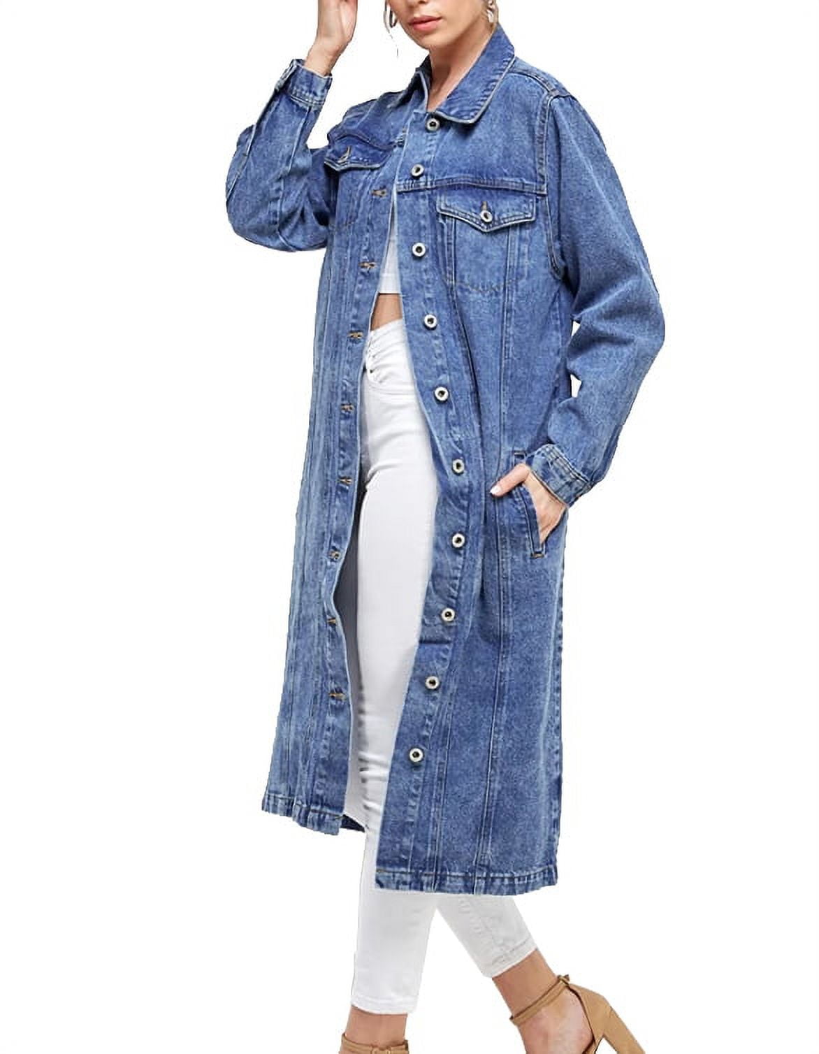 Asvivid Women's Denim Jacket Long Sleeve Washed Jean Jacket Casual Graphic Print Button Front Loose Fit Coat Outwear, Size: Large, Blue