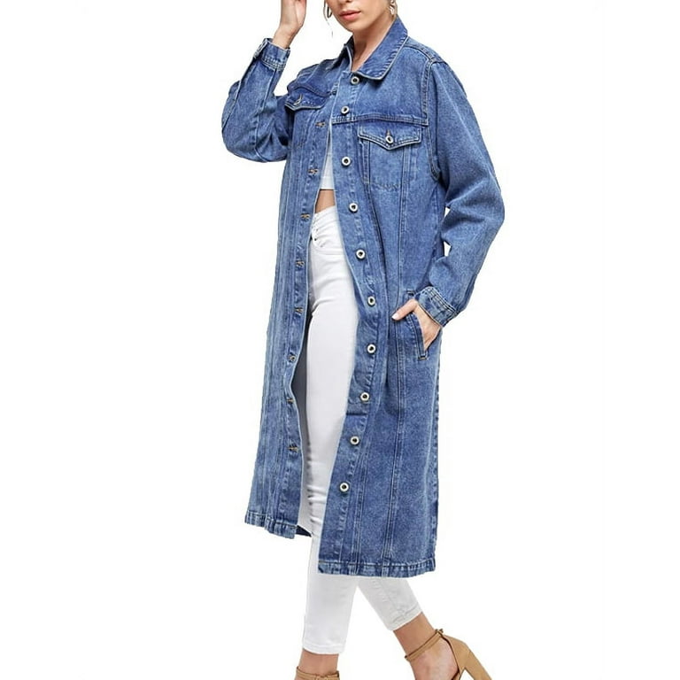 VKWEAR Women's Long Casual Maxi Length Denim Cotton Coat Oversize Button Up Jean Jacket - Medium Blue - Denim - L