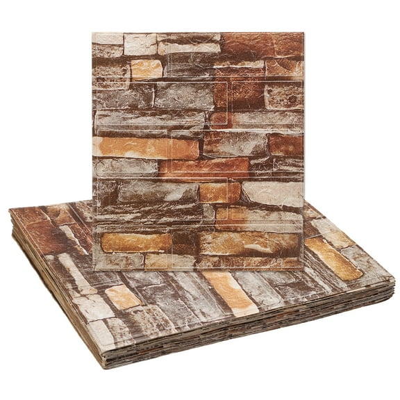 Uxcell 20pcs 3D Wall Panels Peel and Stick, Waterproof Wall Panel Backsplash, 13.8"x15.2" Brick Design Wallpaper XPE Shower Tiles for Bathroom, Kitchen, Living, Rock Yellow