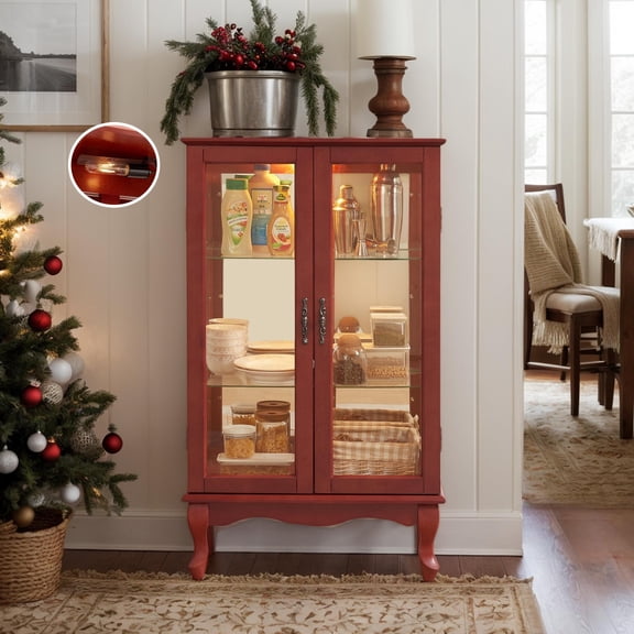 Eyisean 44" H Lighted Display Cabinet, Curio Display Case with 3-Tier Adjustable Glass Shelves, Curio Cabinet with Mirrored Back Panel for Living Room, Light Blub Included