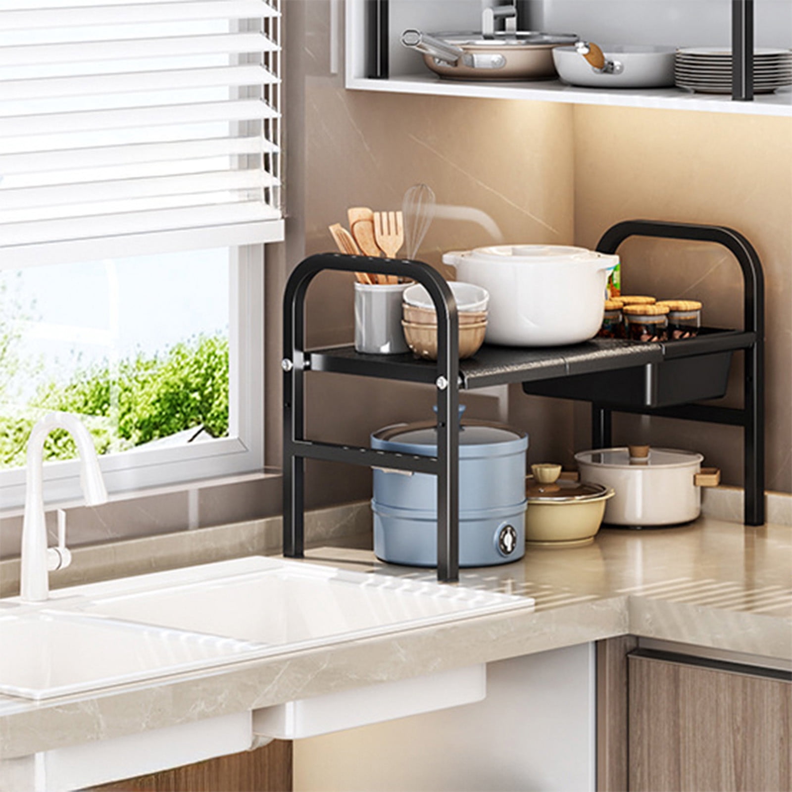 Expandable Under Sink Organizer, with Removable 2 Baskets and 2 Panels for Cabinet Sink Cloakroom Wardrobe Closet Storage(Black)