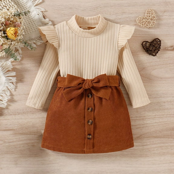 jsaierl Knit Outfits for Baby Girls Cute 2Pc Fly Long Sleeve Sweater Top and Tie Font Skirt Sets Infant Girls Fall Outfits Christmas Gift 9M-4T