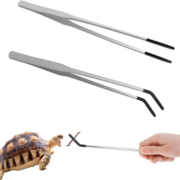 EXLEAF Stainless Steel Straight And Curved Tweezers,2 Pack 15 Inch Tweezers with Rubber Tips,Long Handle Reptile Feeding Tongs for Fish Tank Aquatic Plants,Silver