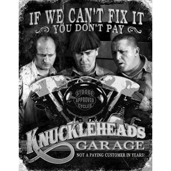 Desperate Enterprises The Three Stooges - Knuckleheads Garage Tin Sign - Nostalgic Vintage Metal Wall Decor - 12.5" W x 16" H