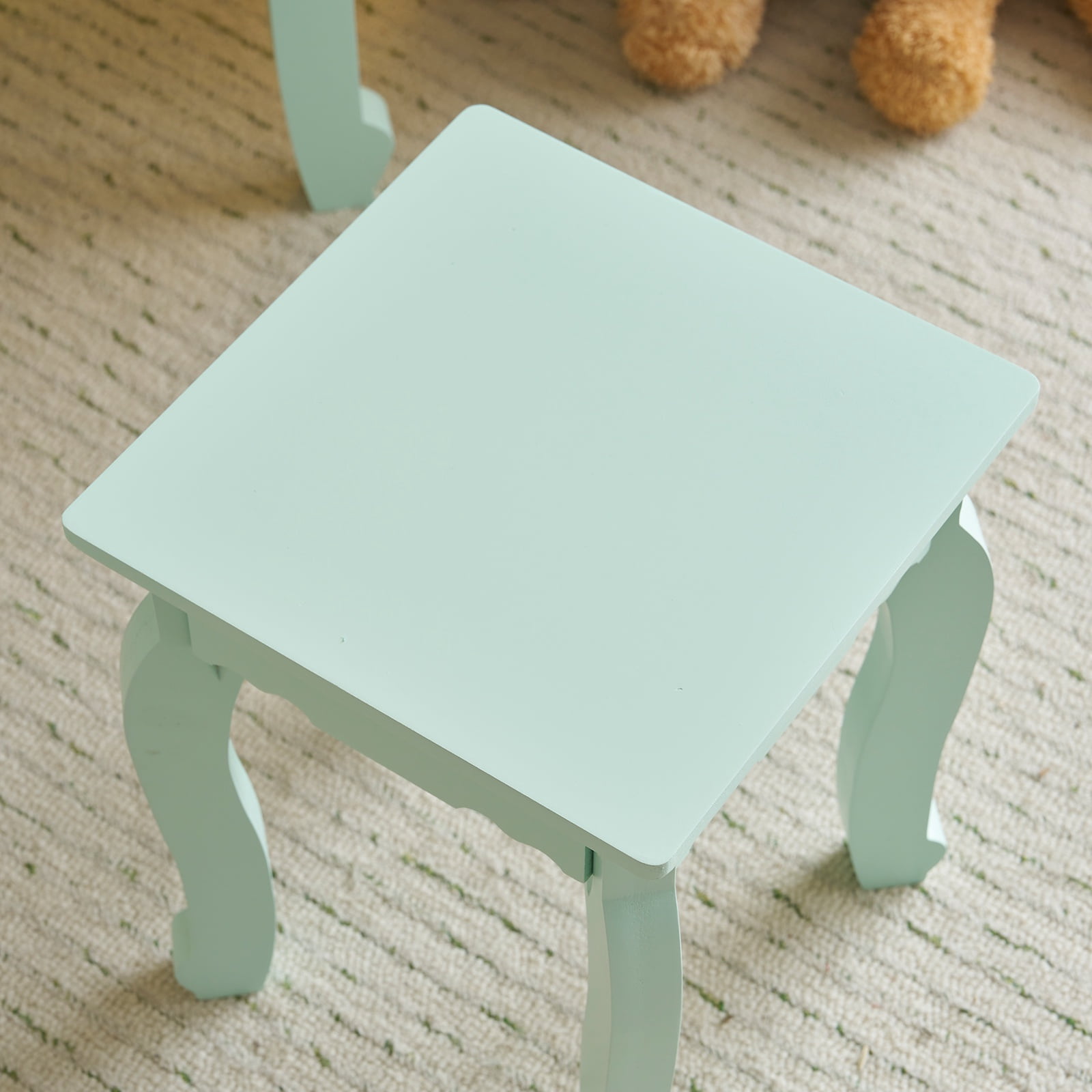 PAPROOS Kids Vanity Set with Mirror and Stool, Wood Pretend Play Princess Makeup Dressing Table with 3 Color LED-Light and 5 Storage Drawers, Girls Small Vanity for Little Girls, Macaroon Green
