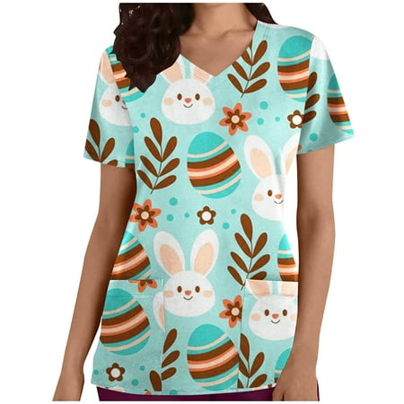 

Women Easter Animal Print Scrub Shirt Tops Trendy Nurse Uniform V-Neck Summer Holiday Workwear With Pocket