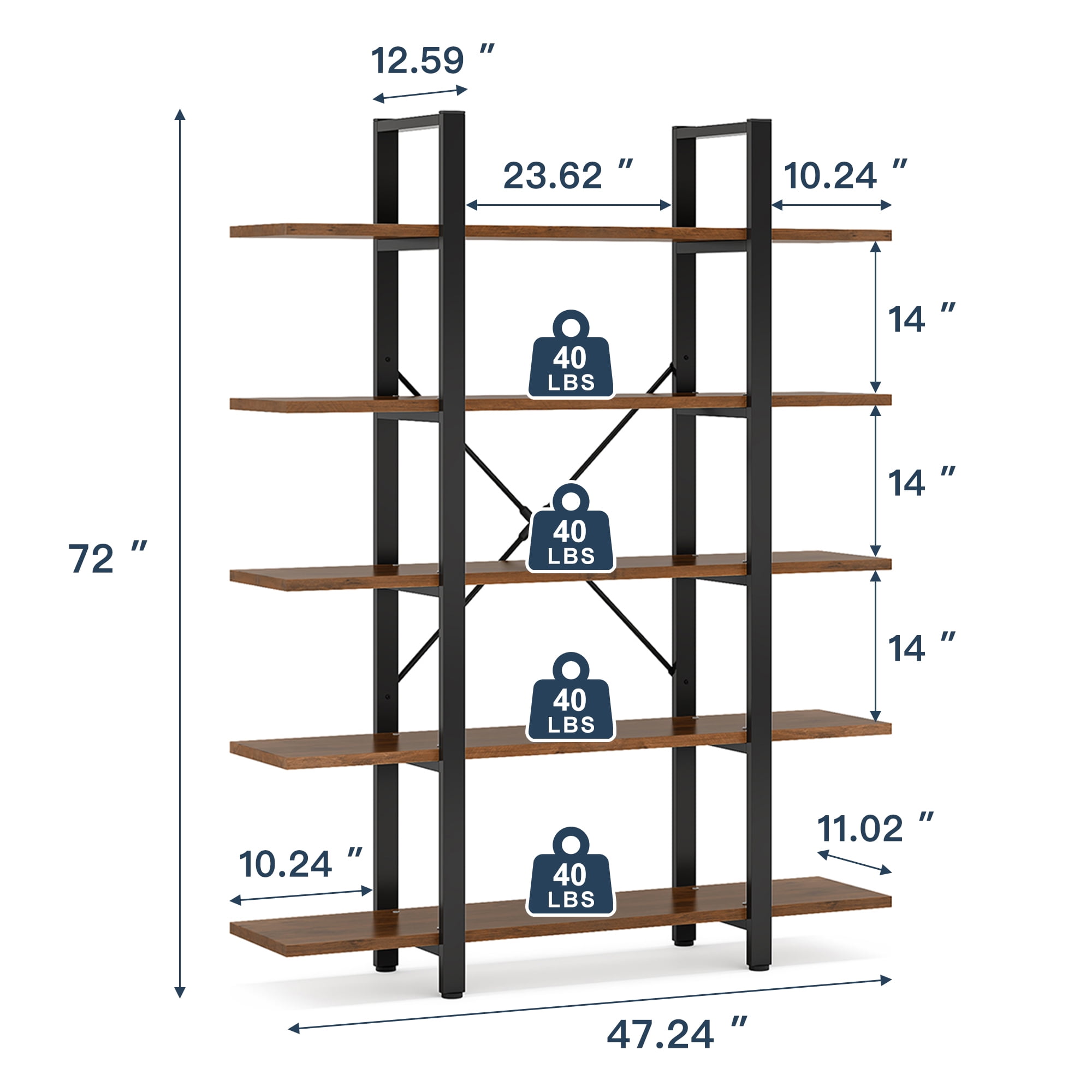 Demi Bonn 5 Tier Bookshelf, Bookshelves, Open Etagere Bookcase Shelf Storage Organizer, Free Standing Storage Shelving Unit for Bedroom, Living Room and Home Office, Brown