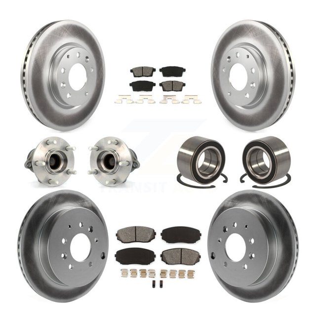 Transit Auto Front Rear Wheel Hub Bearings Assembly Coated Disc Brake Rotors and Semi-Metallic Pads Kit (10Pc) for Car 2007-2012 Mazda CX-7 FWD - Left Right Side (Driver Passenger) KBB-108102