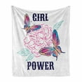 thumbnail image 1 of Butterfly Soft Flannel Fleece Blanket, Girl Power Lettering and Flower Symbol Leaves Pattern on Plain Backdrop, Cozy Plush for Indoor and Outdoor Use, 60" x 80", White and Multicolor, by Ambesonne, 1 of 5