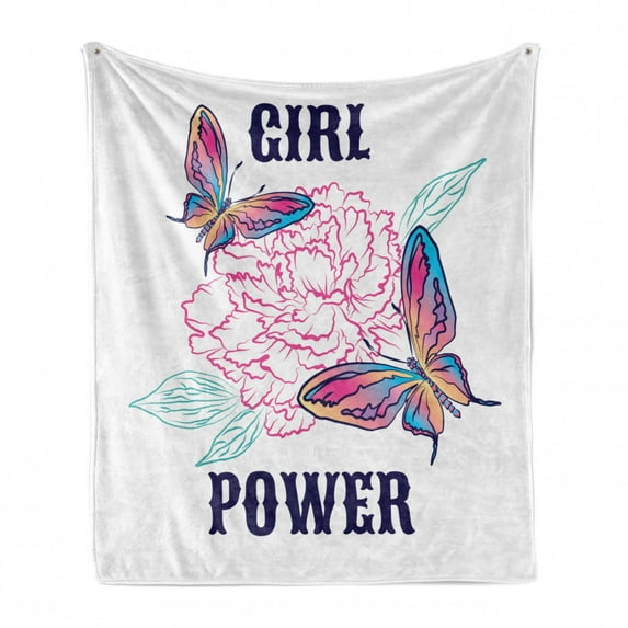Butterfly Soft Flannel Fleece Blanket, Girl Power Lettering and Flower Symbol Leaves Pattern on Plain Backdrop, Cozy Plush for Indoor and Outdoor Use, 60" x 80", White and Multicolor, by Ambesonne
