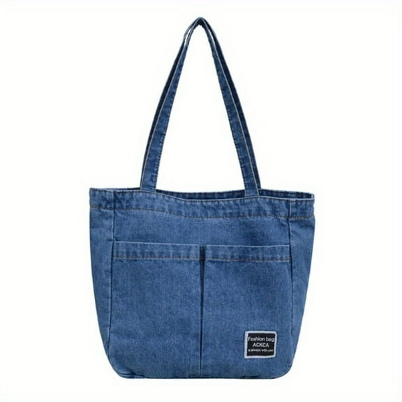 Large Capacity Fashionable Denim Shoulder Bag with Exterior Pockets and Interior Slip Pocket