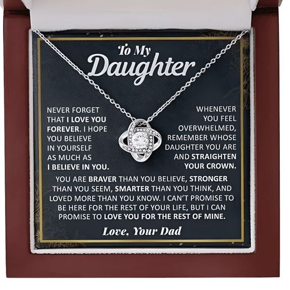 To My Daughter Necklace Gifts for Daughter From Dad, Birthday Gift To Daughter , Necklaces Love Knot White Gold Cubic Zirconia with Luxury Wood Box