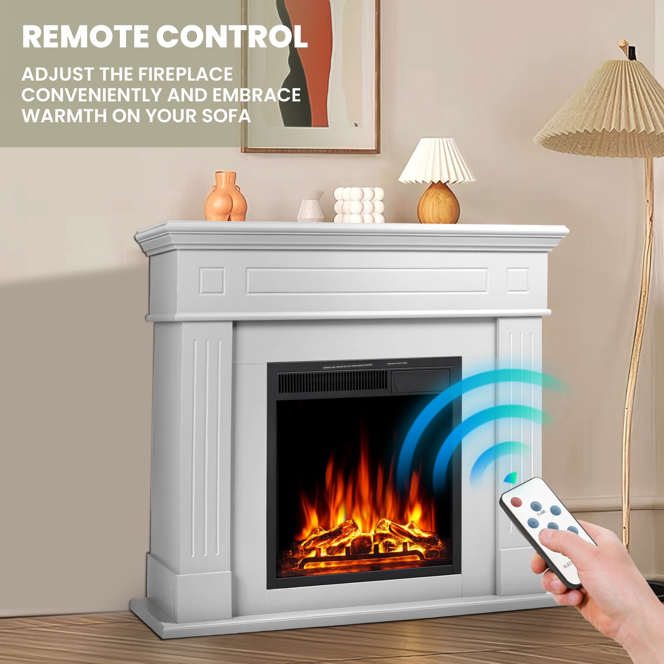 KISSAIR Electric Fireplace Mantel Package Wooden Surround Firebox Electric Fireplace Heater with Logs, Adjustable Led Flame, Remote Control for Room, 750W-1500W, Pearlwhite