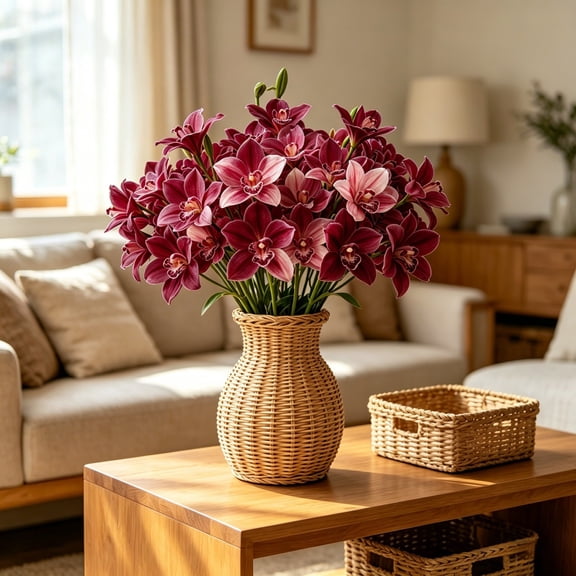 Doghiosgha 1 Pc Artificial Cymbidium Flowers, Faux Orchid Spray, Single Flower Stems for Wedding Home Garden Party Table Decor, 7.8x21.6 Inch, Wine