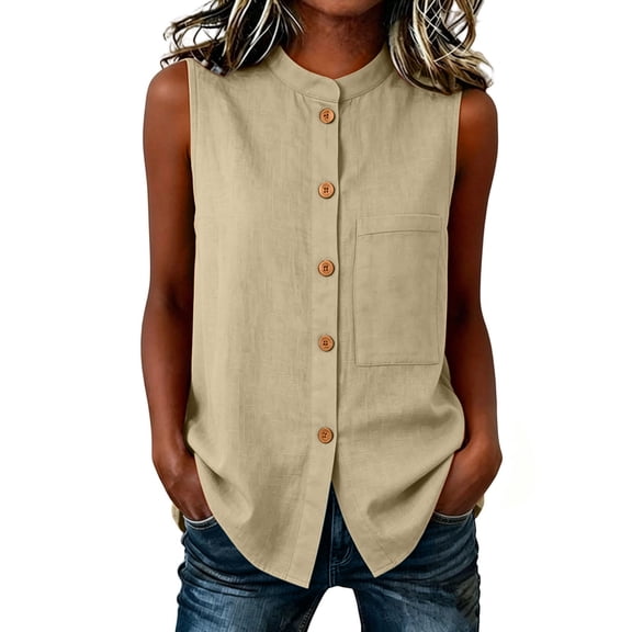 Yteetum Tank Tops for Women Cotton Linen Sleeveless Button Down Shirts Summer Casual Solid Stand Collar Loose Lightweight Breathable Tanks