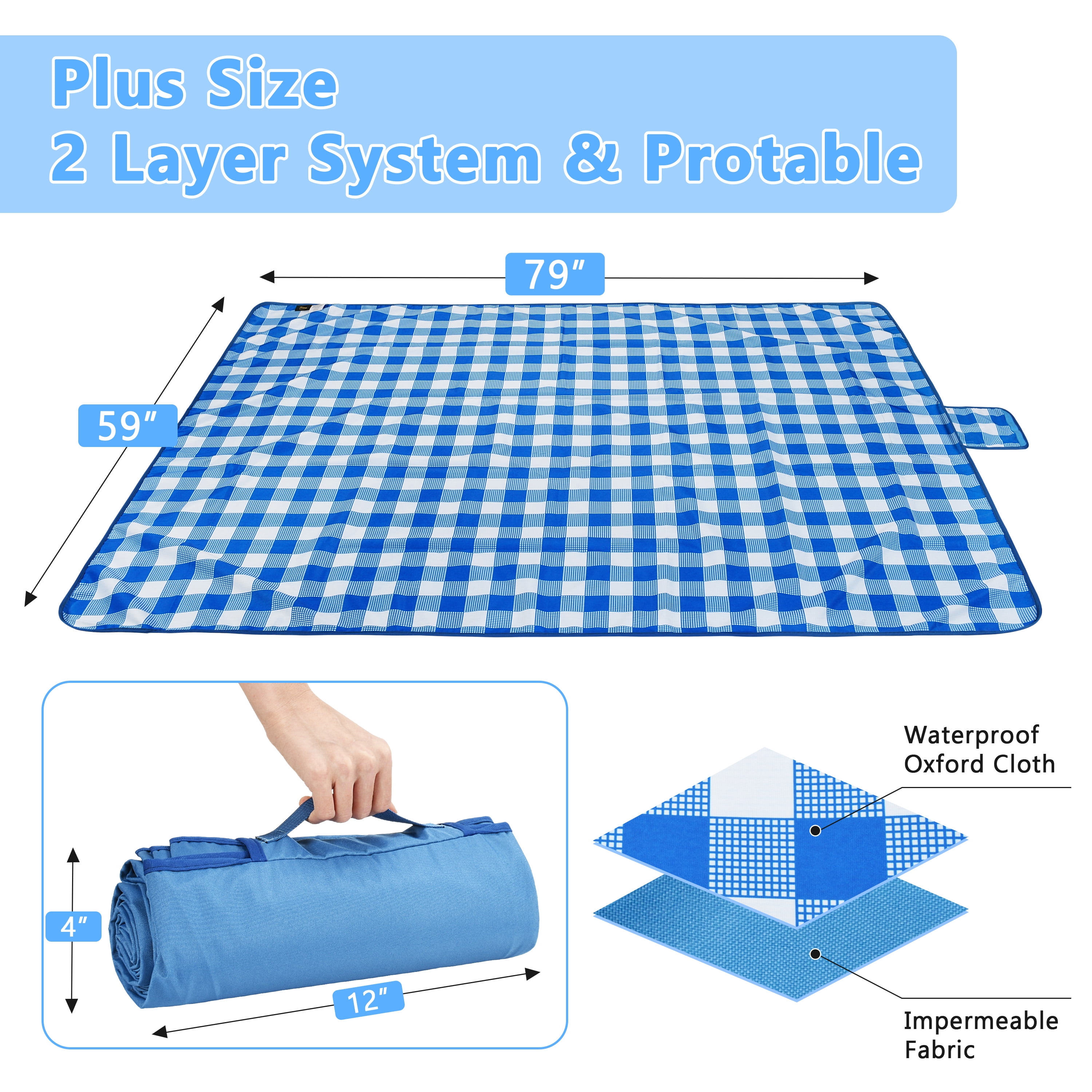 Tirrinia Large Picnic Blanket Beach Blankets, 80''x60'' Gingham Picnic Mat Waterproof Sand Proof Foldable Portable for Outdoor Camping Hiking Travel Grass Park Music Festival Lawn Mats, Blue