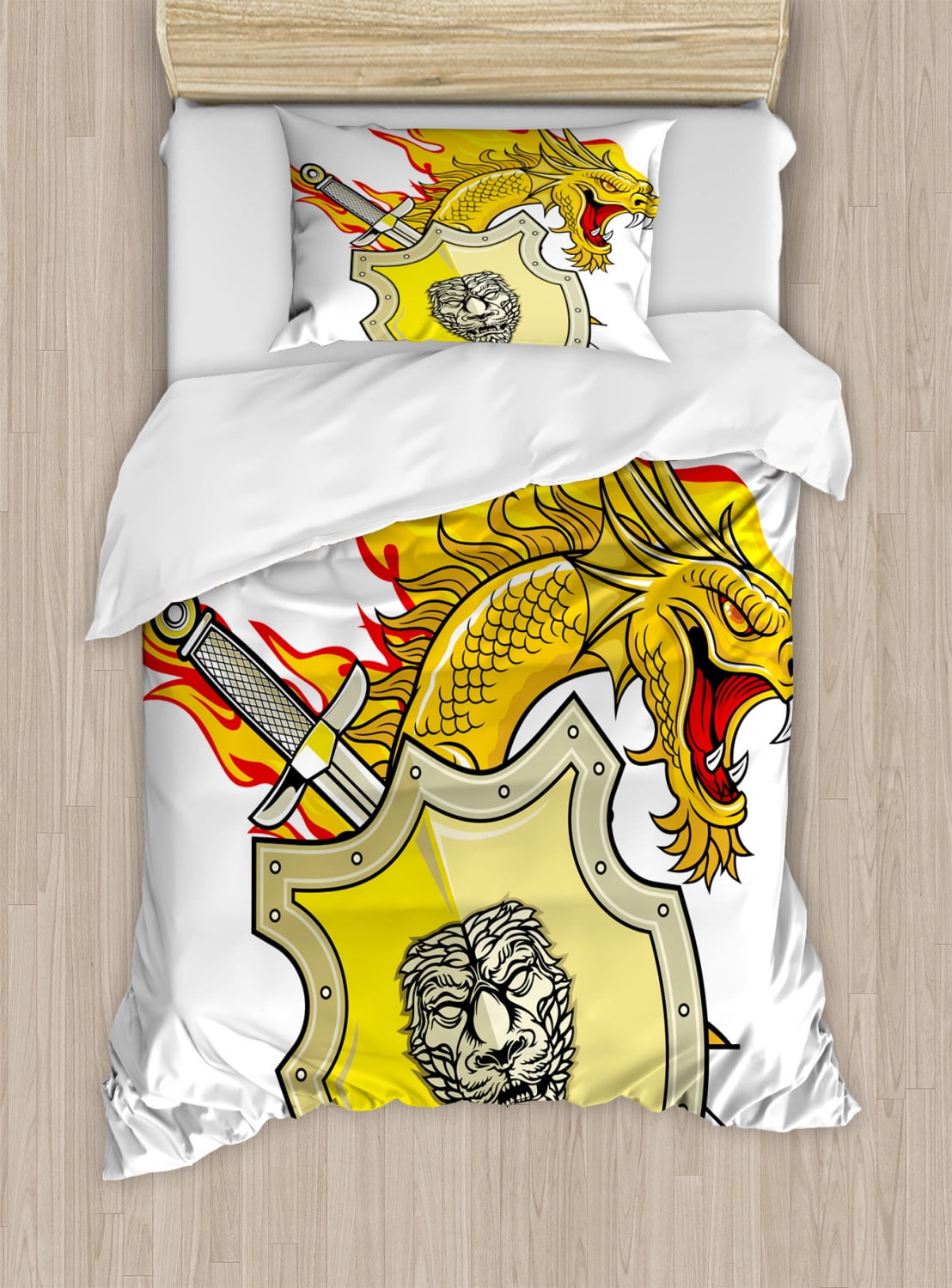 Dragon Duvet Cover Set, Creature with Royal Shield Hero Knight Medieval