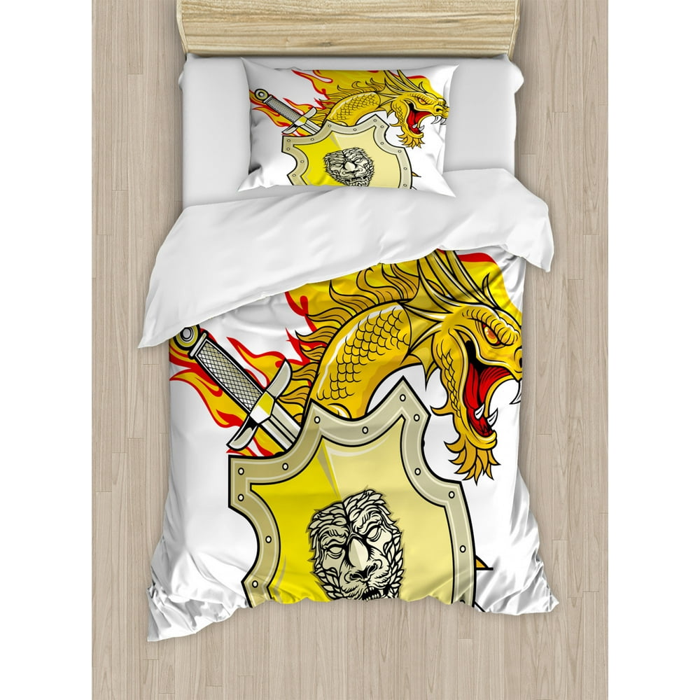 Dragon Duvet Cover Set, Legendary Creature with Royal Shield Hero Knight Medieval Times Print
