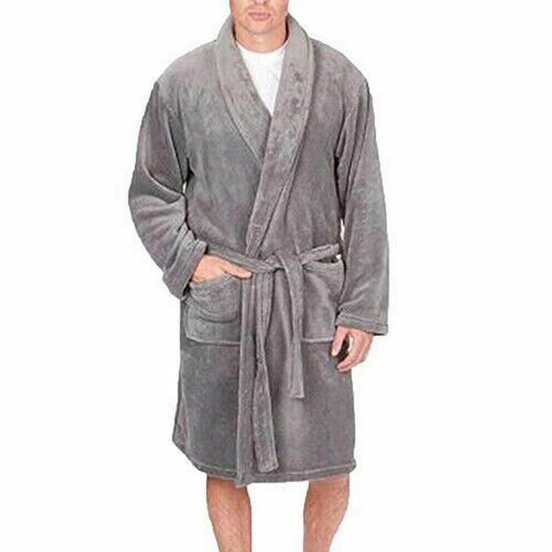 Goodfans Mens Soft and Warm Fleece Bathrobe Kimono Spa Robe Long Sleeve With Belt and Pockets