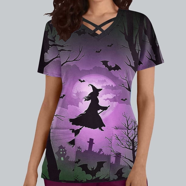 Fiudx Camisas de Mujer Top de Lactancia con Bolsillo y Cuello En V de Manga Corta con Estampado de Halloween para Mujer