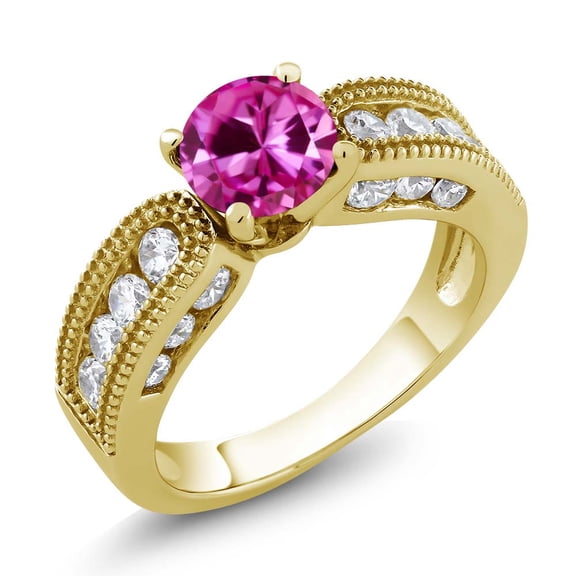 Gem Stone King 2.50 Ct Round Pink Created Sapphire 18K Yellow Gold Plated Silver Engagement Ring (Size 5)