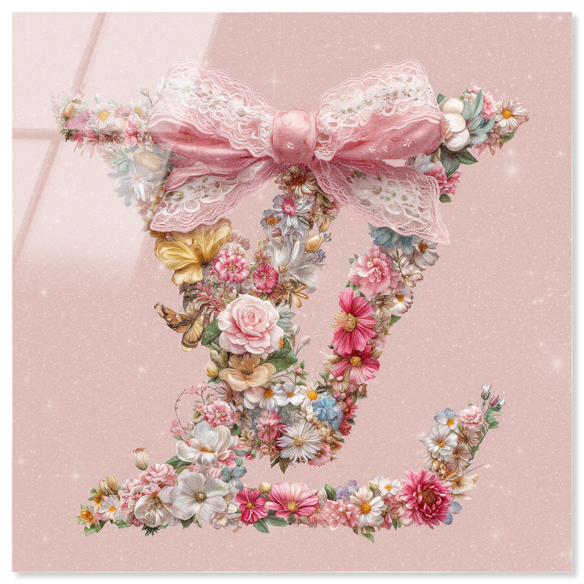 Pastel Floral and Lace Bow Glam Acrylic Print Pink Glam Wall Art by Art Remedy, Ready to Hang, 12 x 12