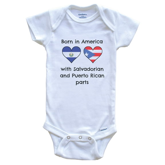 Born in America with Salvadorian and Puerto Rican Parts Funny El Salvador Puerto Rico Flags Baby Bodysuit, 0-3 months white