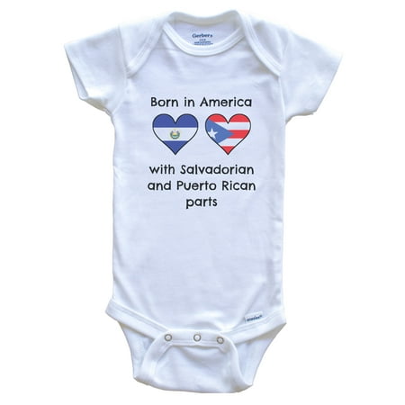 

Born In America With Salvadorian and Puerto Rican Parts Funny El Salvador Puerto Rico Flags One Piece Baby Bodysuit