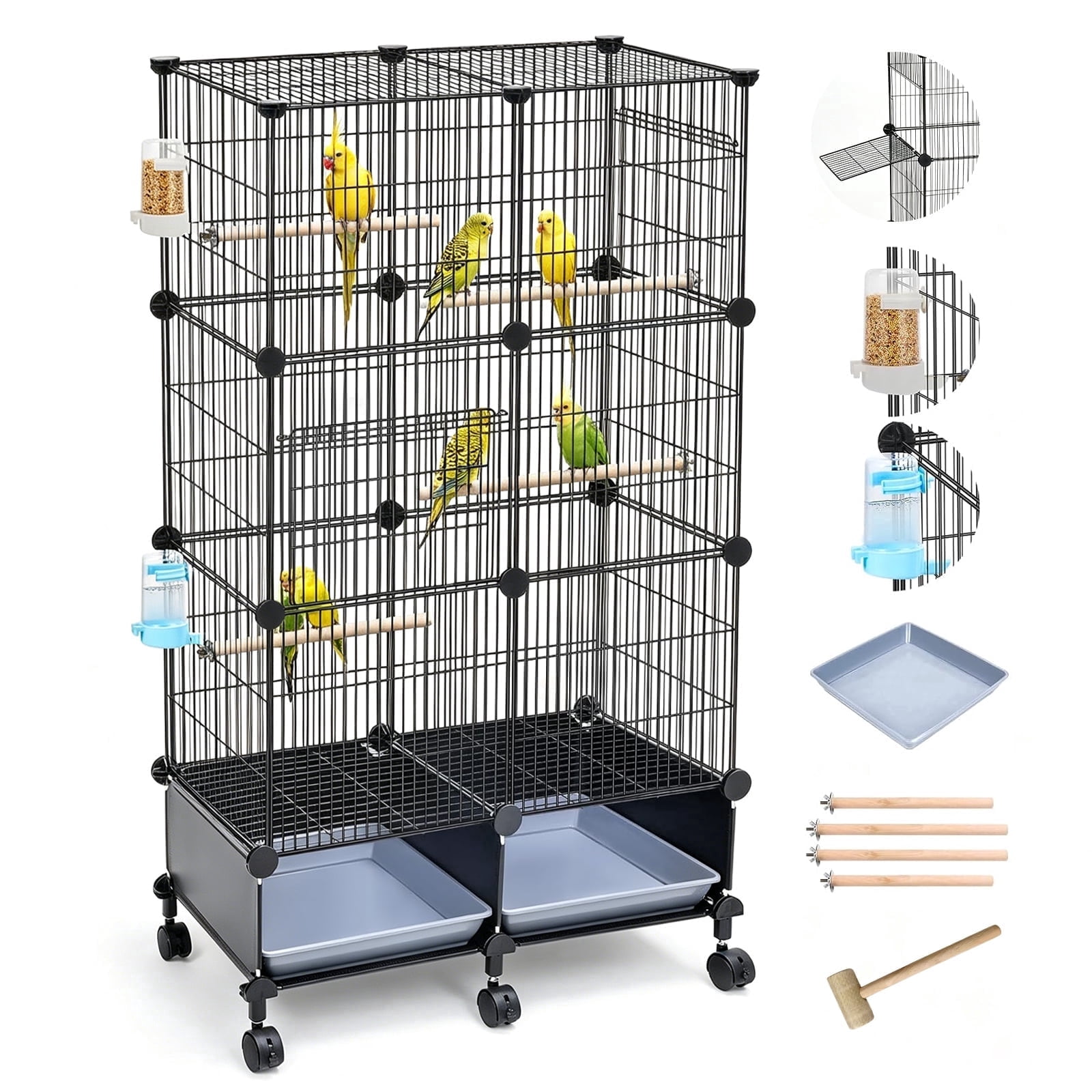 46" Rolling Bird Cage with Double Doors, Slide-Out Tray, 4 Wooden Perches & Feeder Safe, Bird Cages for Parakeets, Cockatiels, Lovebirds & Small Parrots
