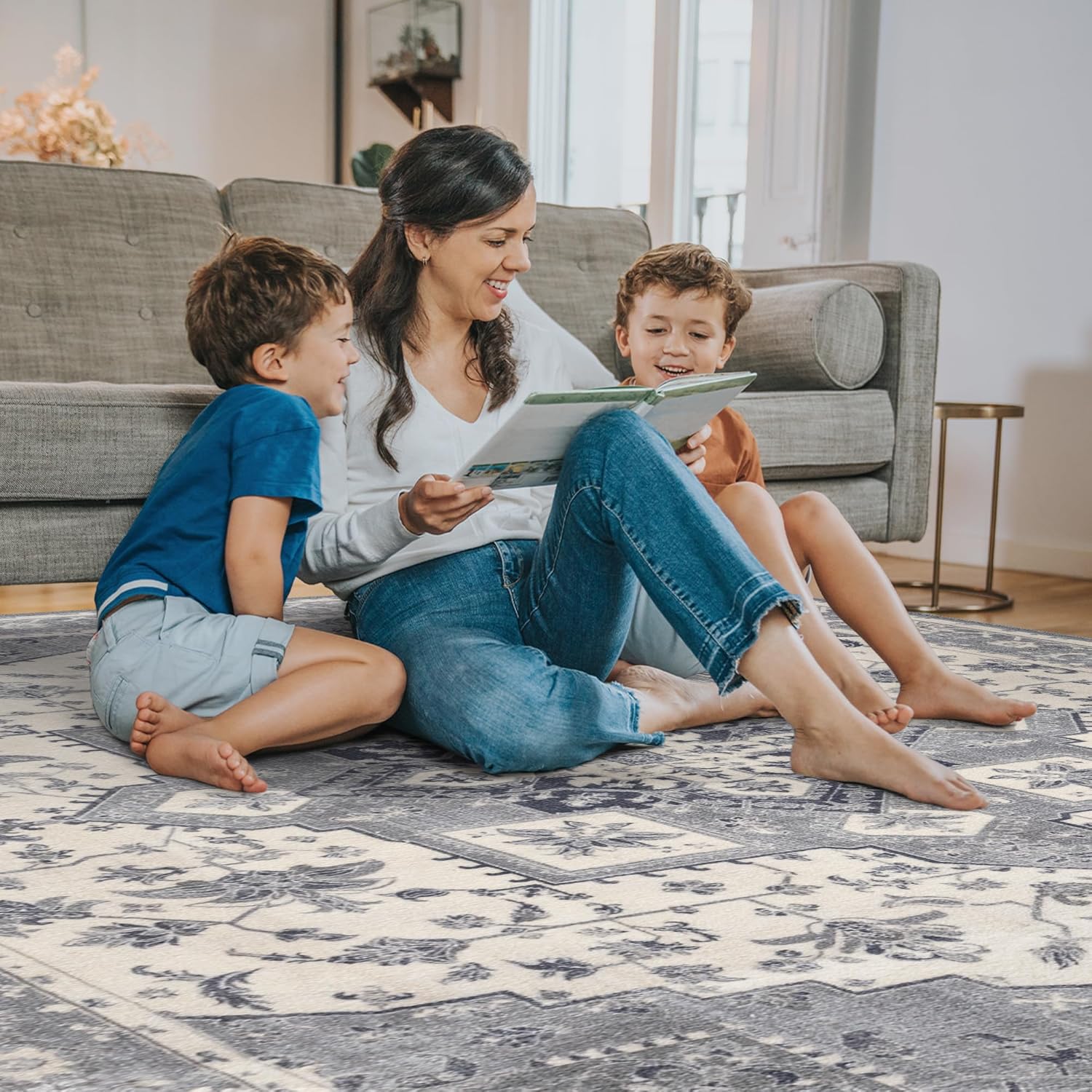 Washable Rugs 5x7, Vintage Grey Rug Soft Traditional Medallion Area Rug for Living Room, Low Pile Large Stain Resistant Oriental Floral Rug, Floor Carpet for Bedroom, Dining, Nursery, Office
