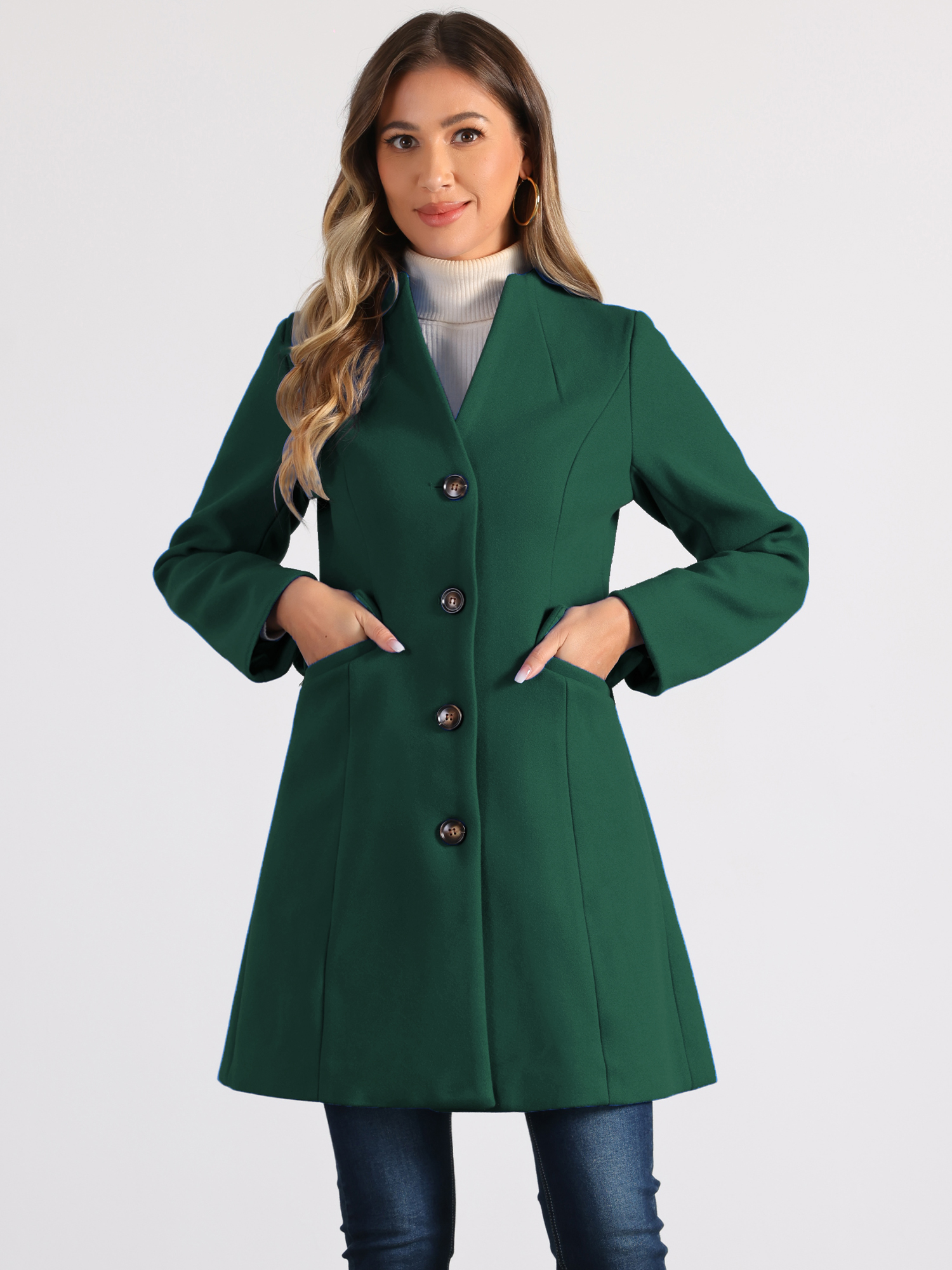DARING DIVA Women's Elegant Winter Overcoat V Neck Single Breasted Coats Dark Green S