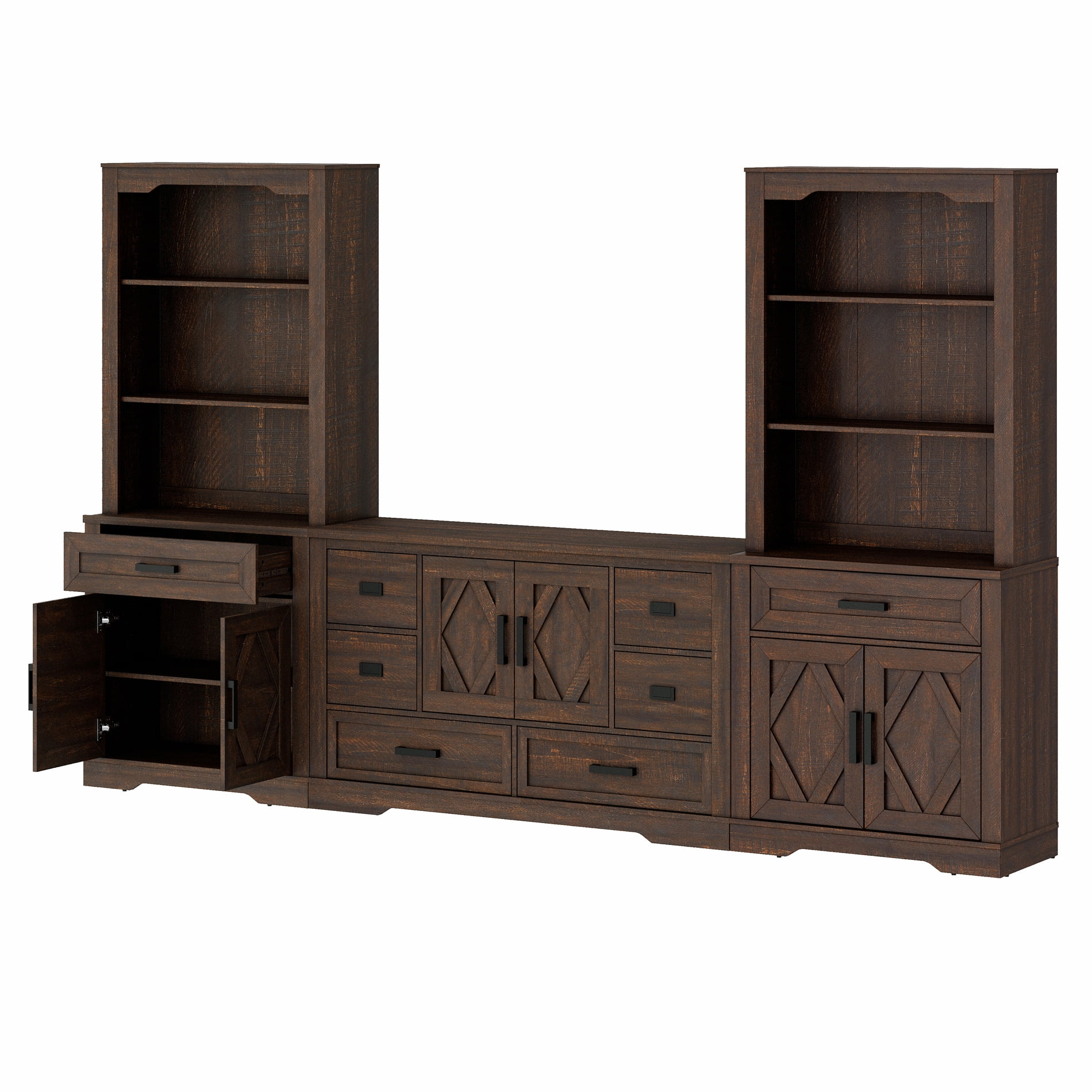 WAMPAT Farmhouse Entertainment Center with Bookshelf for TVs up to 60",Mid Century Modern TV Stand with 73"H Tall 5-Tier Bookcase with Open Storage and Barn Doors for Living Room,Bedroom,Brown