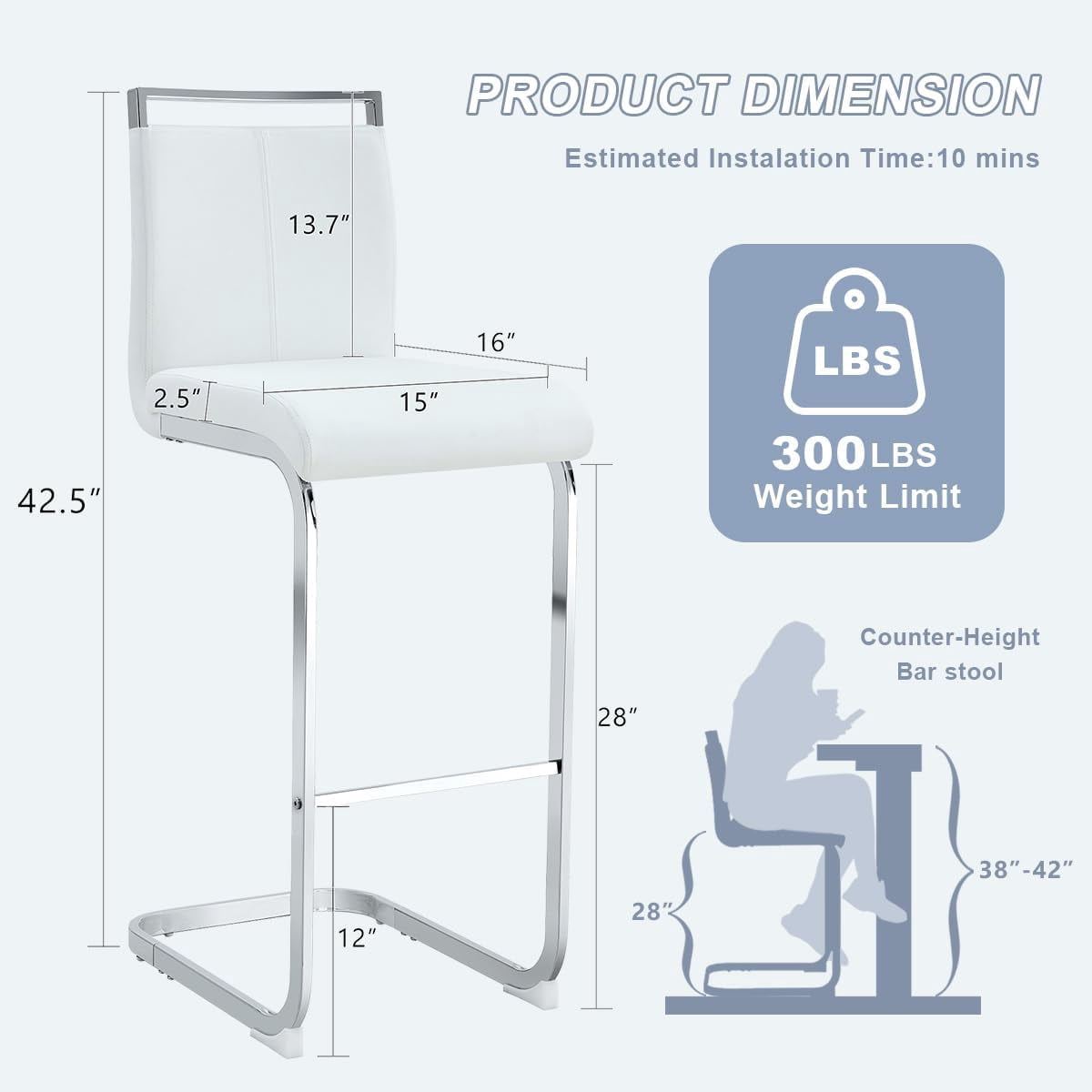 Lecut 30" Counter Height Bar Stools Set of 4, Modern Upholstered PU Leather Bar Stools with Back and Silver Chrome Plated Metal Frame, Armless Bar Chairs for Kitchen Island (White+Silver)