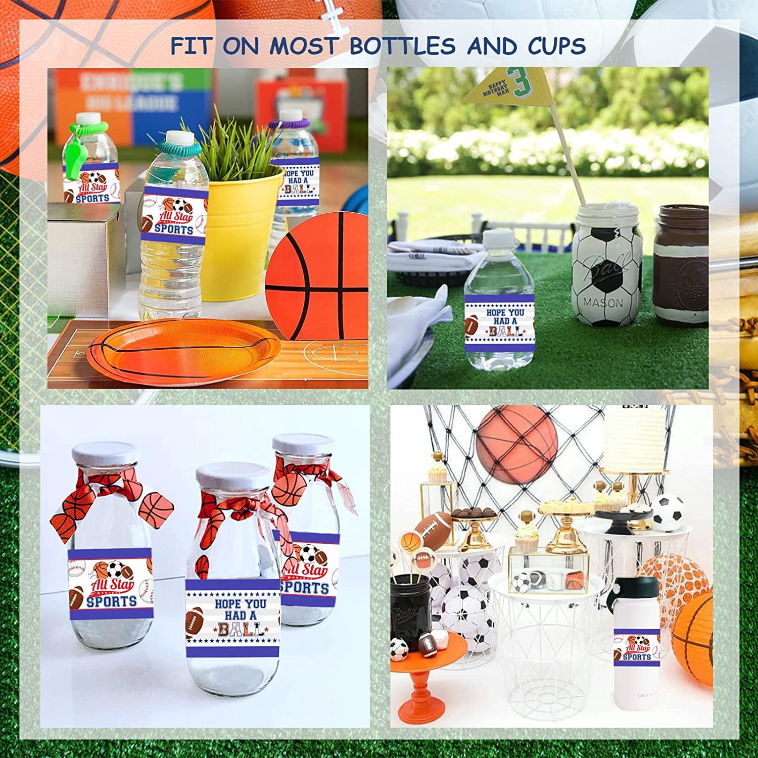 28 Sports Balls Water Bottle Labels, Football, Baseball, Basketball and Soccer Sports Water Bottle Wrappers for Gameday Tailgate Party Sports Themed Party Decorations
