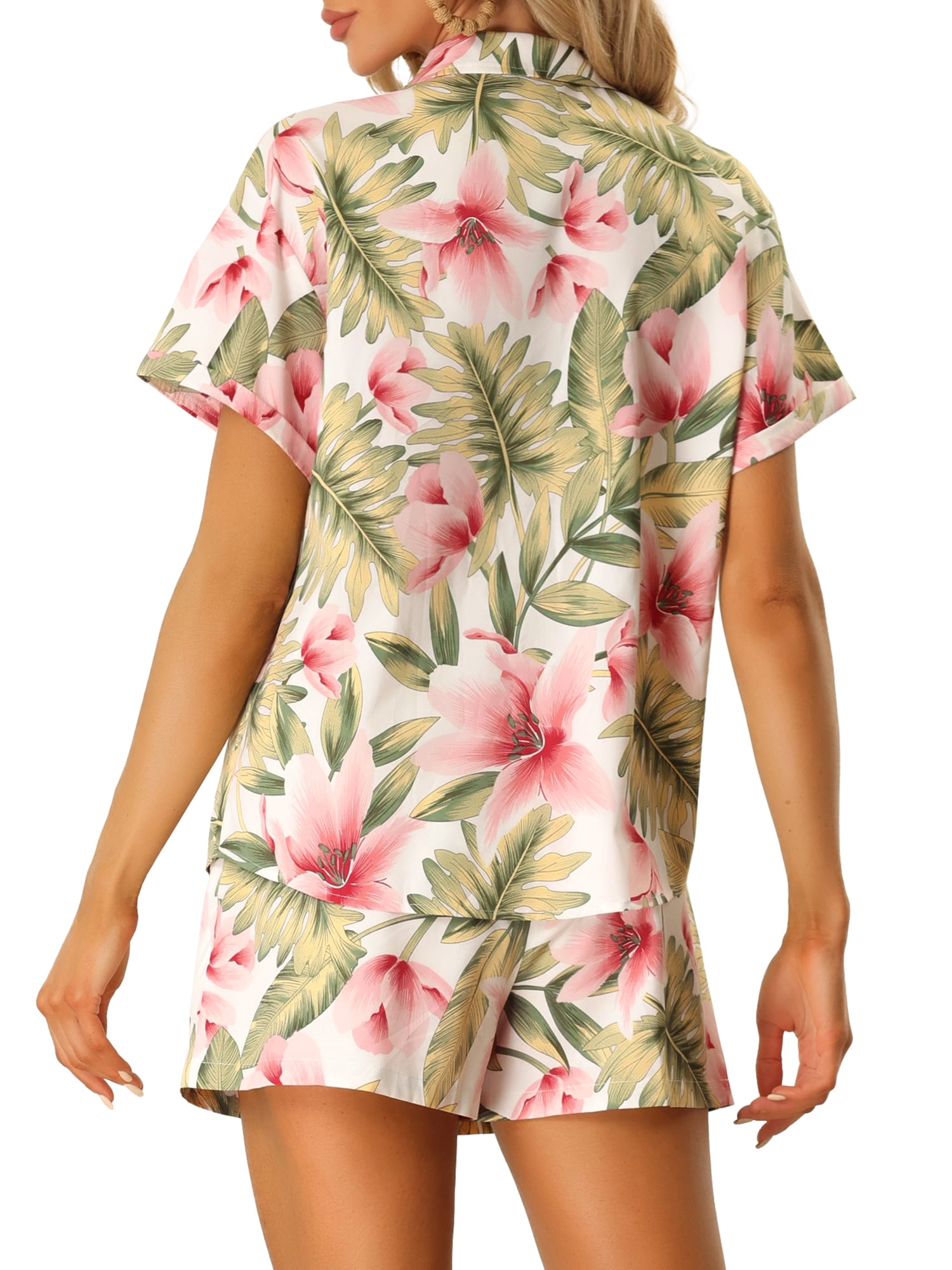 Unique Bargains Women Hawaiian Tropical 2023 Summer Button Down Sets S White