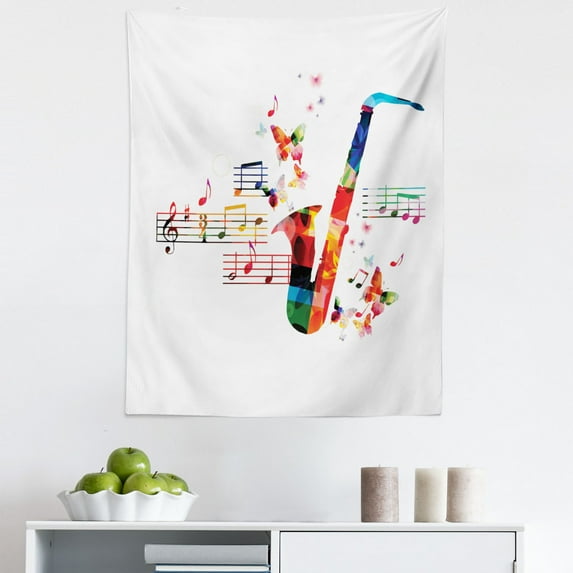 Music Tapestry, Colorful Saxophone Design Butterflies and Sheet Creative Illustration, Fabric Wall Hanging Decor for Bedroom Living Room Dorm, 5 Sizes, Multicolor, by Ambesonne
