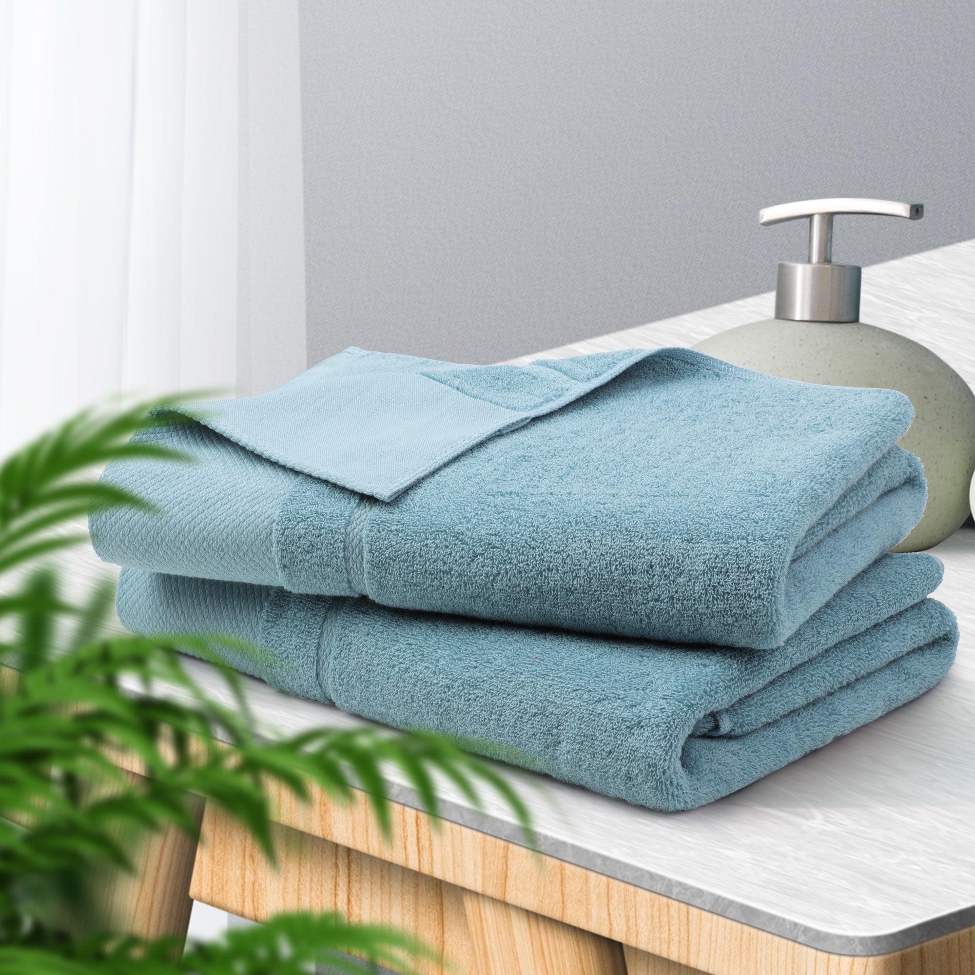 Unique Bargains 100% Cotton Absorbent Bath Towel Set 27"x54" Saxe Blue 2 Pcs