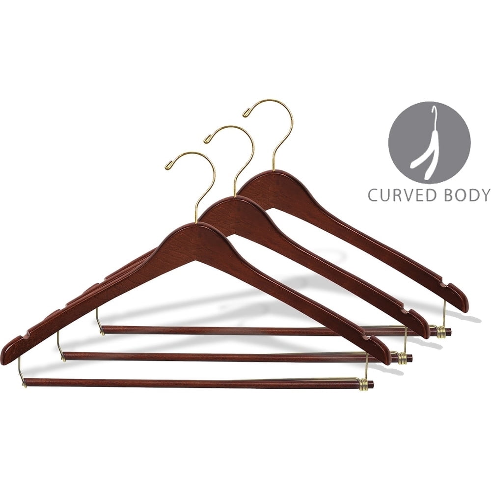 International Hanger, Walnut Wood Curved Suit Hanger w/Locking Bar, Brass Swivel Hook, 100 Pack