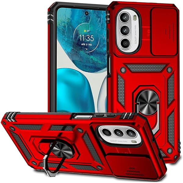 wonima11 Case for Moto G52 Case, Motorola G82 5G XT2225-1 Case with Slide Camera Cover, Built-in 360° Rotate Ring Kickstand Magnetic Shockproof Phone Cover for Motorola Moto G52 Red