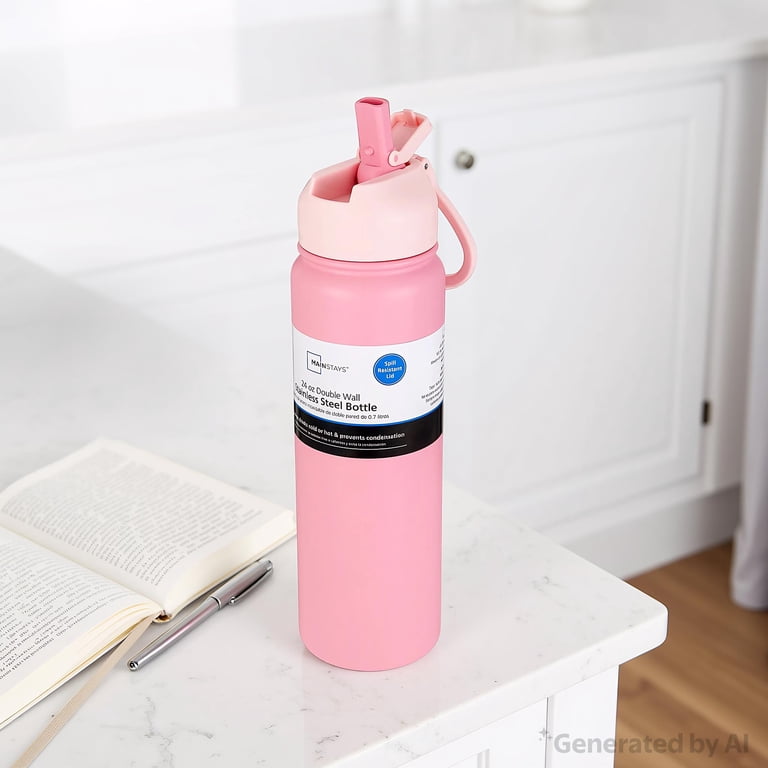 Mainstays 24 oz Pink Double Wall Stainless Steel Water Bottle with Straw Lid