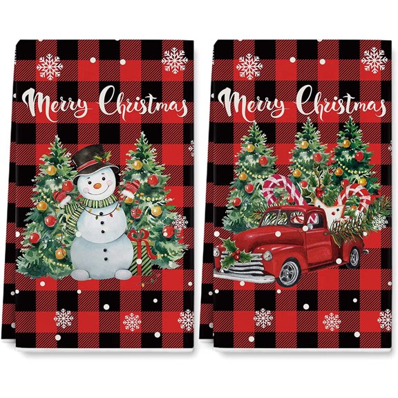2PCS Merry Christmas Kitchen Towels Red Black Buffalo Plaid Dish Towels Snowman Truck Xmas Tree Holiday Hand Drying Towels for Christmas Home Kitchen Decor Housewarming Gifts