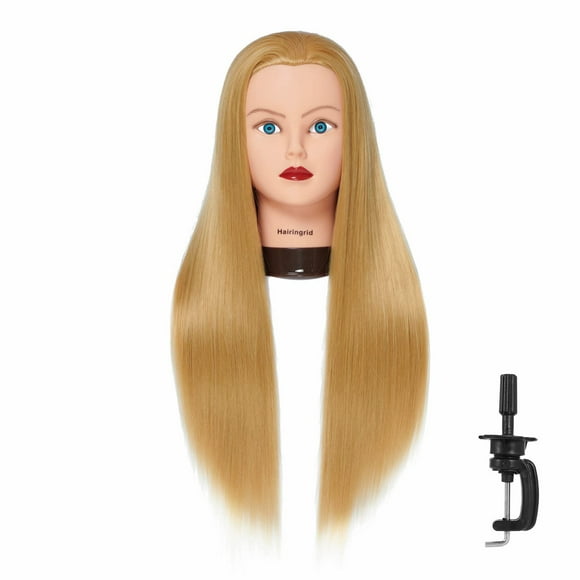 Hairingrid Cabeza de maniquí de 26 a 28 pulgadas, cabeza de entrenamiento para peinar el cabello, cabeza de muñeca de cosmetología, pelo de fibra sintética y soporte de abrazadera gratuito (R71919W272