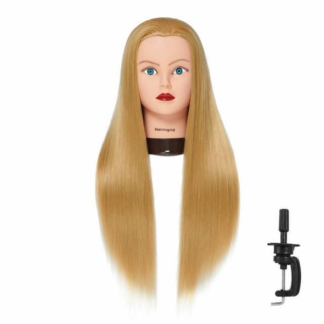 Hairingrid Cabeza de maniquí de 26 a 28 pulgadas, cabeza de entrenamiento para peinar el cabello, cabeza de muñeca de cosmetología, pelo de fibra sintética y soporte de abrazadera gratuito (R71919W272